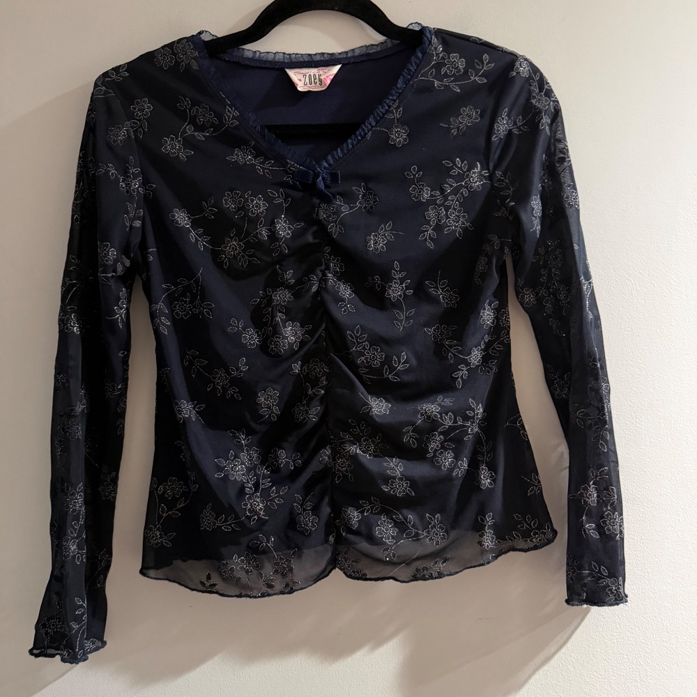 Zoey Mesh Top Womens Medium Navy Blue Good Y2K Glitter Floral Ruched V-Neck